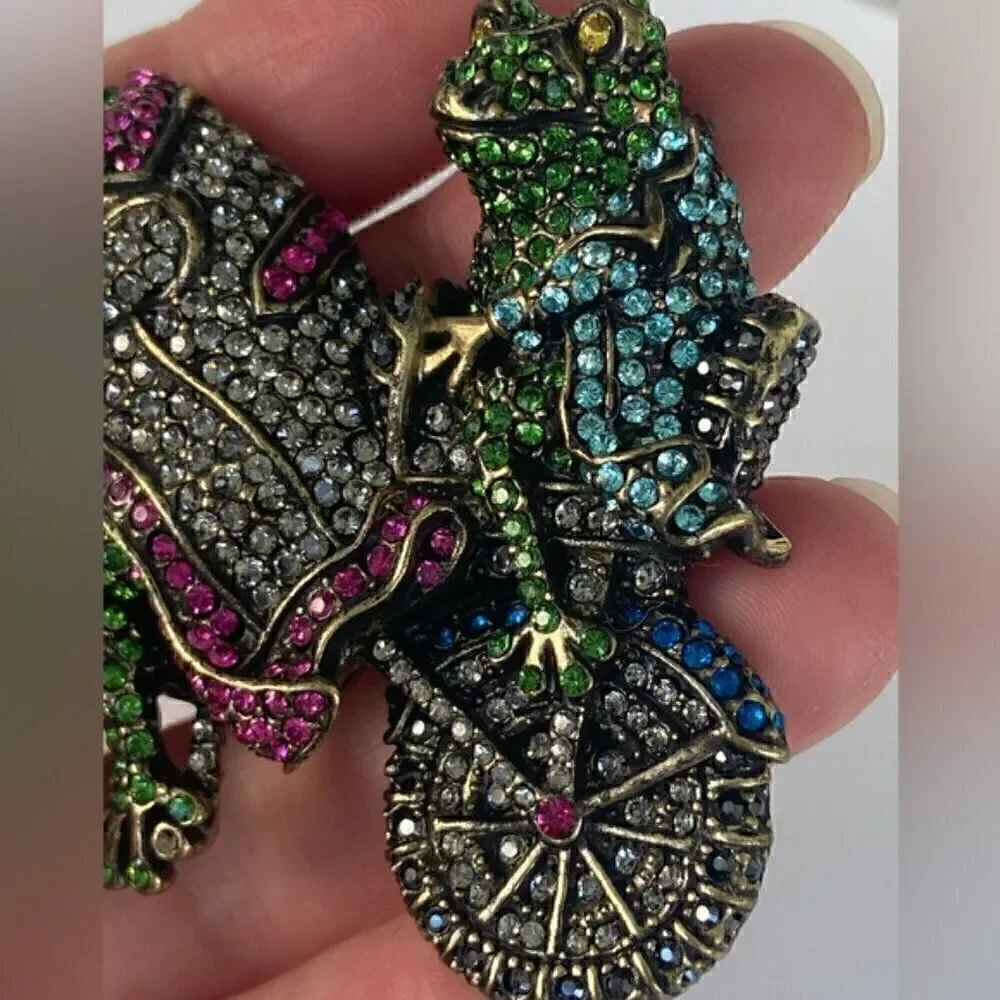 Brooch, frogs on bicycle, Swarovski Crystals Rhinestone